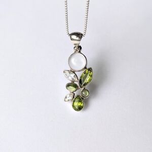 Sterling silver necklace Quartz, white topaz, and peridot gem stone cluster 925